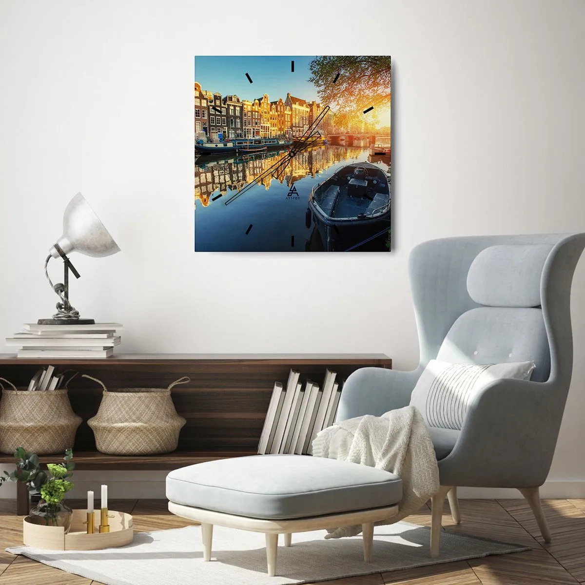 Väggklocka - Klocka på glas - En morgon i Amsterdam - 40x40 cm