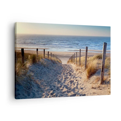 Canvastavla - Bild på duk - Stigen genom sanddynerna som leder till stranden - 70x50cm - Havets brus, fågelsång, tom strand bland träden - Modern väggdekoration för vardagsrum och sovrum ARTTOR