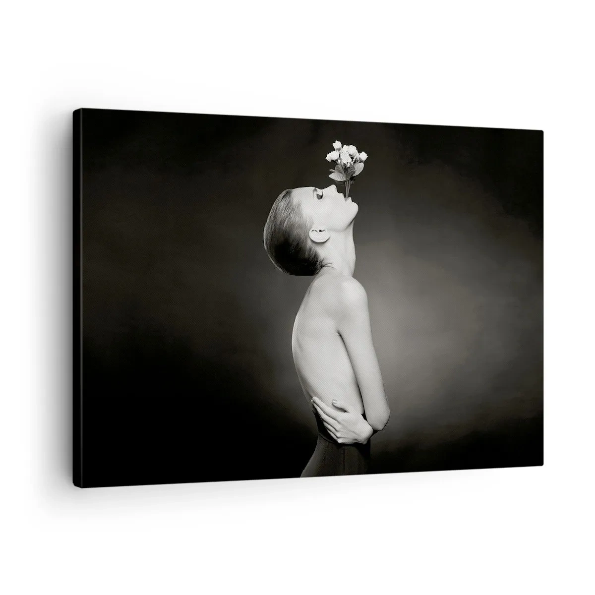 Canvastavla - Bild på duk - Svartvit silhuett av en kvinna med en blomma - 70x50cm - Excentrisk elegans - Modern väggdekoration för vardagsrum och sovrum ARTTOR