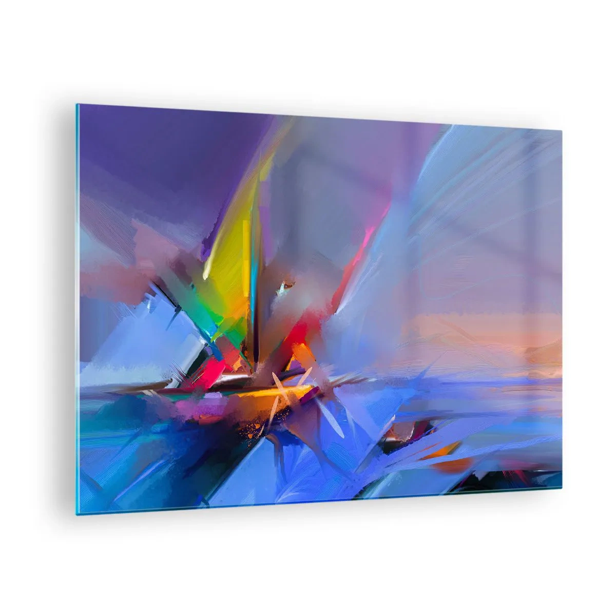 Glastavla - Bild på glas - Abstrakta propellrar i livfulla färger mot en pastellfärgad himmel - 70x50cm - Snabb som en fågel - Modern väggdekoration för vardagsrum och sovrum ARTTOR