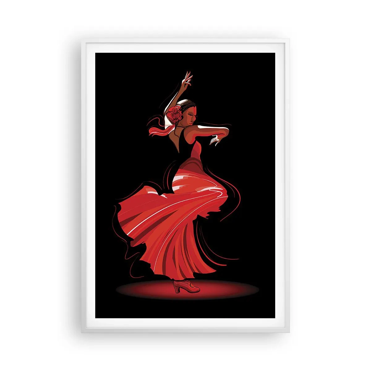 Affisch i vit ram - Flamencos brinnande anda - 70x100 cm