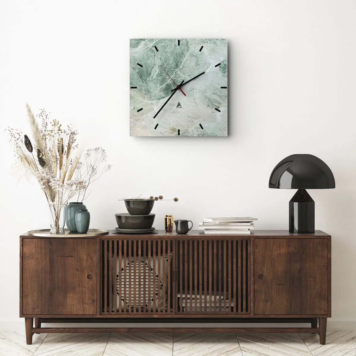 Väggklocka - Klocka på glas - Stenens ädla svalka - 40x40 cm