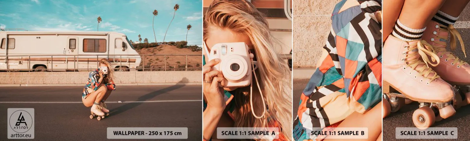 Fototapet Prov Standard Eco - Ett leende, tack! - Landskap, Husbil, Kvinna - 100x30 cm