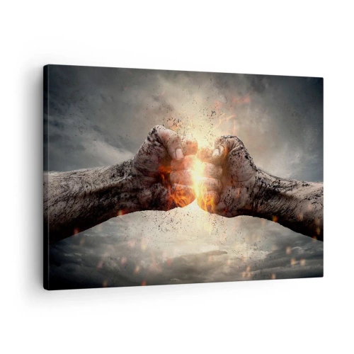 Canvastavla - Bild på duk - Knutna nävar i en dynamisk brandscen - 70x50cm - Stå upp och kämpa - Modern väggdekoration för vardagsrum och sovrum ARTTOR
