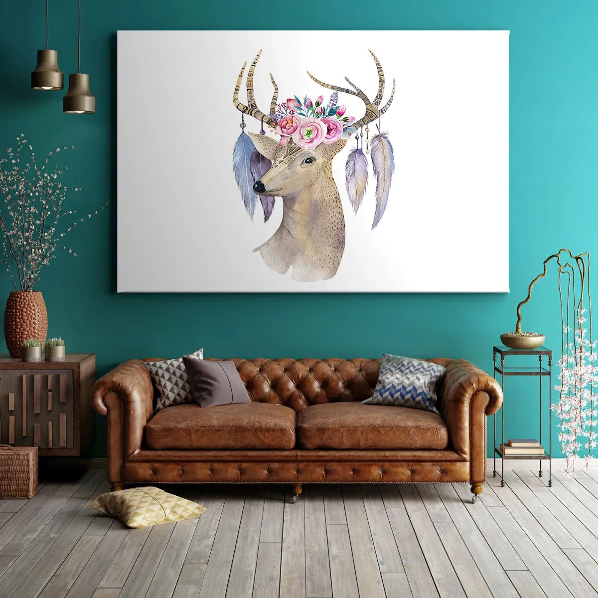 Canvastavla - Bild på duk - Romantisk hjortgrafik med blommor och fjädrar - 70x50cm - Själguide - delikat, oskyldig - Modern väggdekoration för vardagsrum och sovrum ARTTOR