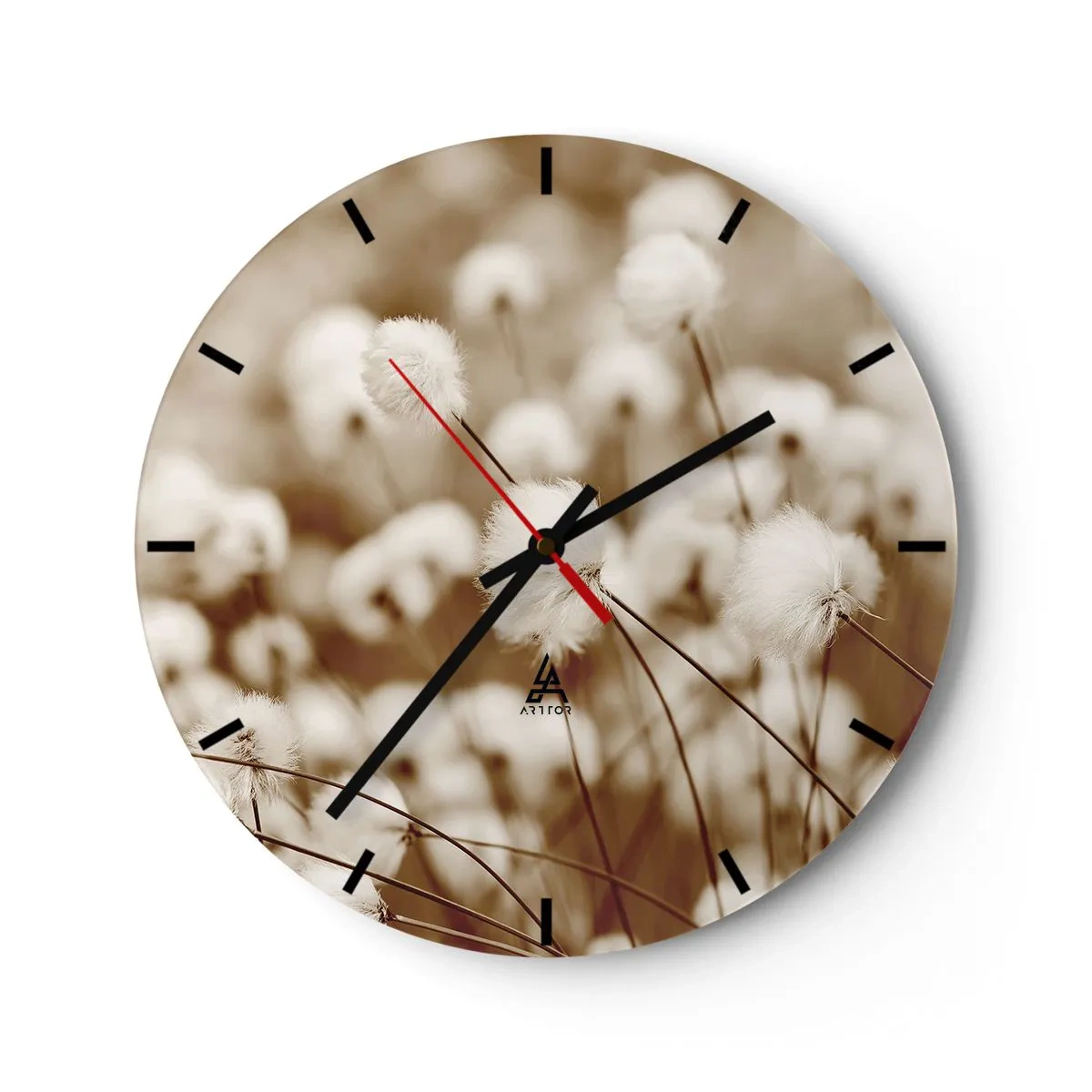 Väggklocka - Klocka på glas - Fluffiga vita växter mot en dimmig sepiaäng - 30x30cm - Fluffig åkermark - Modern väggdekoration för vardagsrum, kök och sovrum ARTTOR
