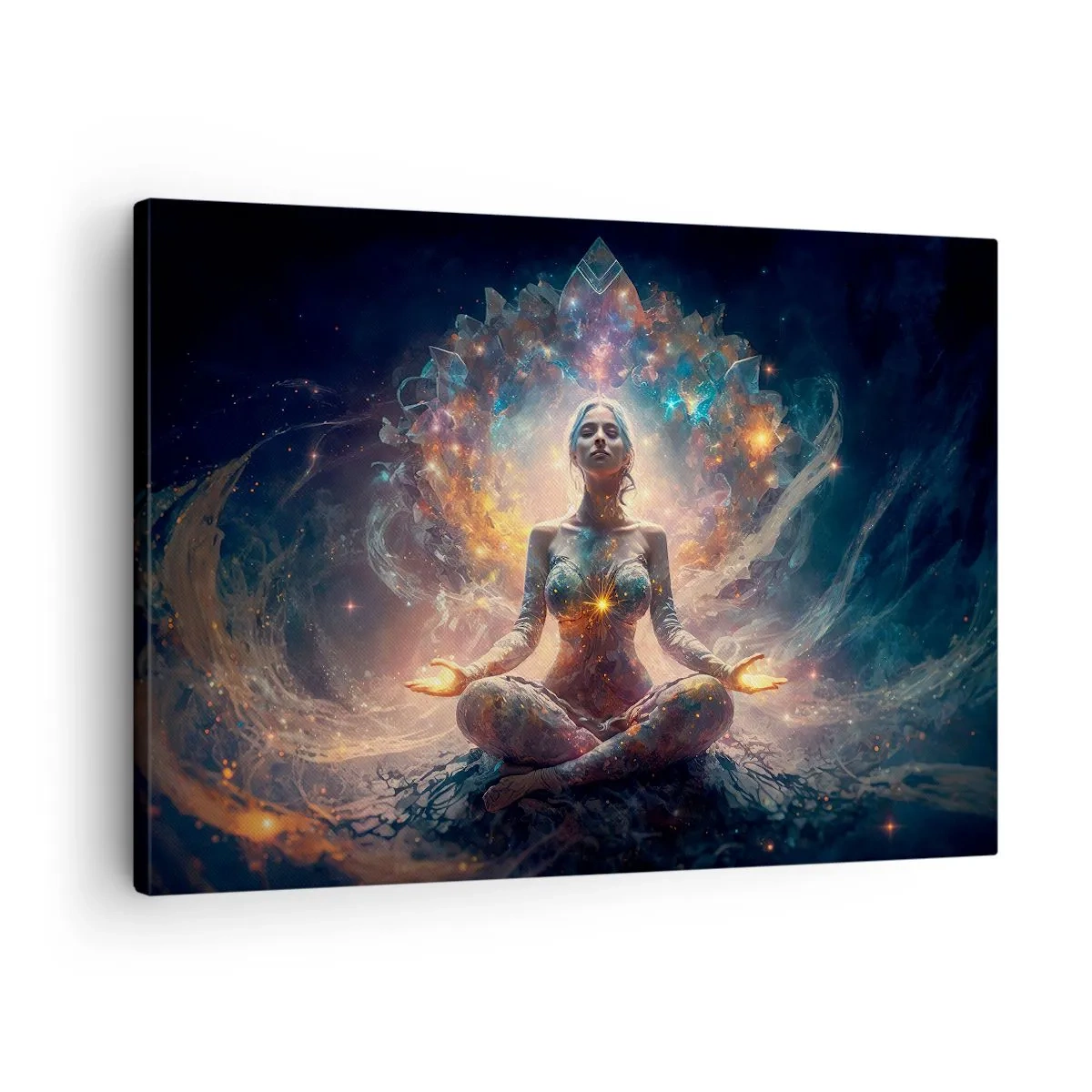 Canvastavla - Bild på duk - En mediterande figur omgiven av energiska mönster och färger. - 70x50cm - Flöde av god energi - Modern väggdekoration för vardagsrum och sovrum ARTTOR