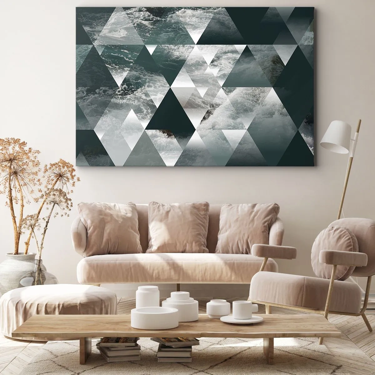 Canvastavla - Bild på duk - Geometriskt mönster med vågmotiv i gröna nyanser - 70x50cm - Kristallperspektiv - Modern väggdekoration för vardagsrum och sovrum ARTTOR