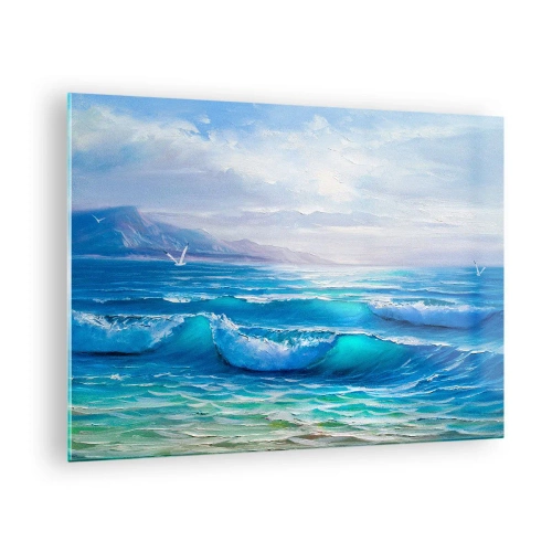 Glastavla - Bild på glas - Blå havsvågor som slår mot stranden på en solig dag - 70x50cm - Stillande - Modern väggdekoration för vardagsrum och sovrum ARTTOR