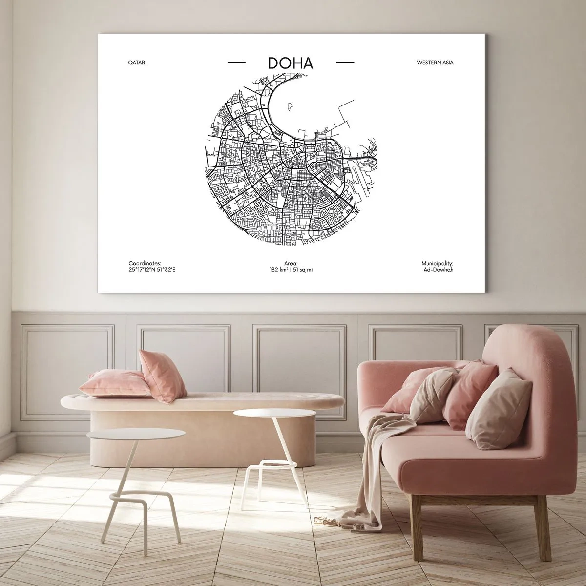 Glastavla - Bild på glas - En grafisk karta över Doha i svartvit minimalistisk stil. - 70x50cm - Dohas anatomi - Modern väggdekoration för vardagsrum och sovrum ARTTOR