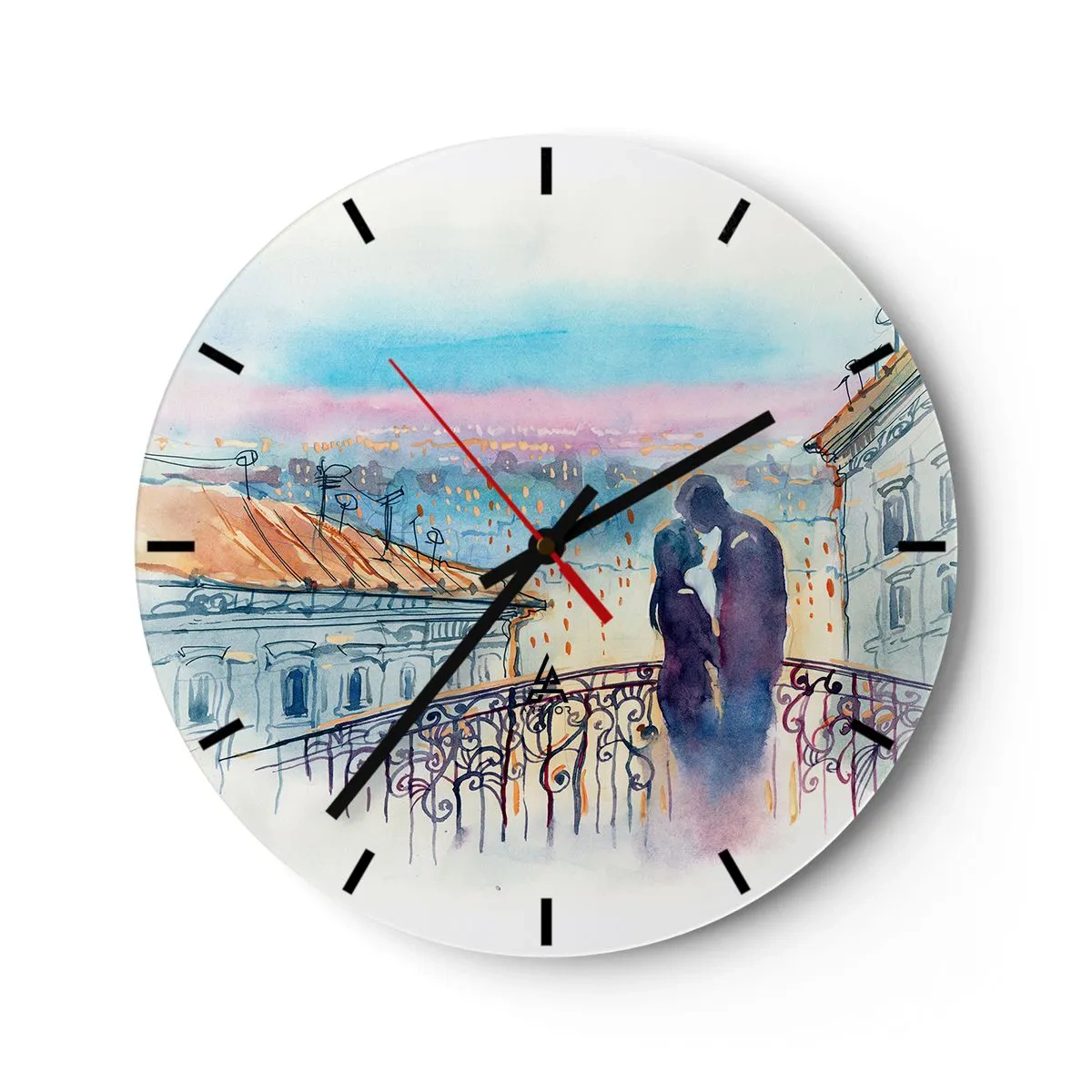 Väggklocka - Klocka på glas - Romantiskt par på en balkong med utsikt över staden - 30x30cm - Älskare i Paris - Modern väggdekoration för vardagsrum, kök och sovrum ARTTOR