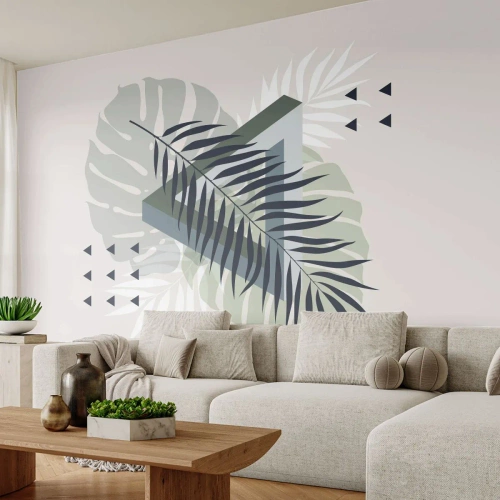 Fototapet Standard Eco - Natur och geometri – två ordningar? - Monstera Leaf, Palmblad, Grafik - 150x105 cm