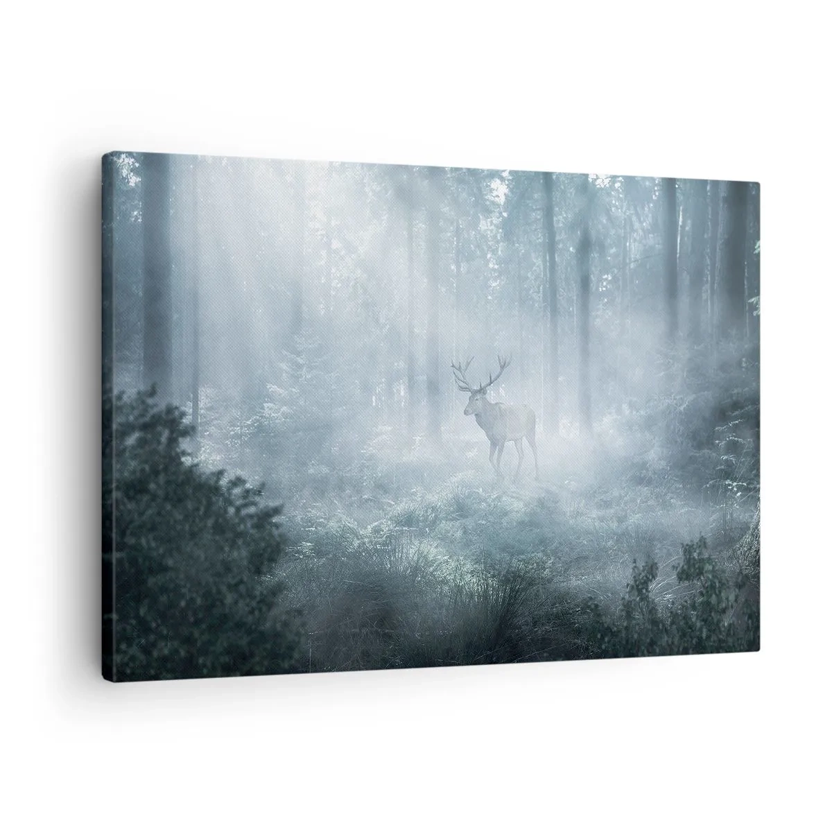 Canvastavla - Bild på duk - En hjort i en tät skog höljd i morgondimma - 70x50cm - Morgonrond runt godset - Modern väggdekoration för vardagsrum och sovrum ARTTOR