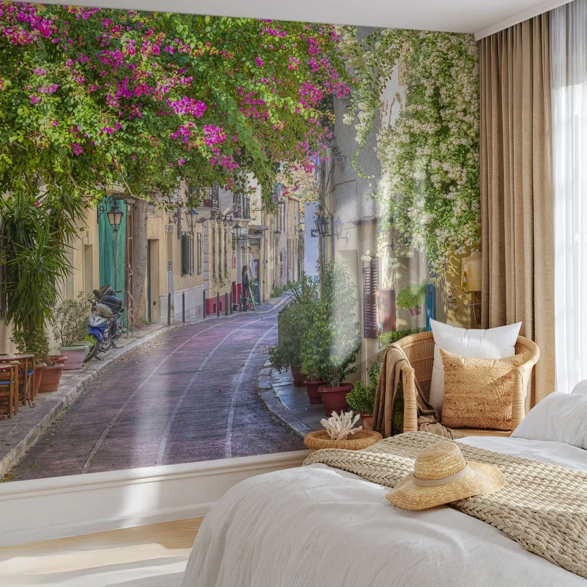 Fototapet Premium Sand - Blommande gata - Arkitektur, Grekland, Stad - 300x210 cm