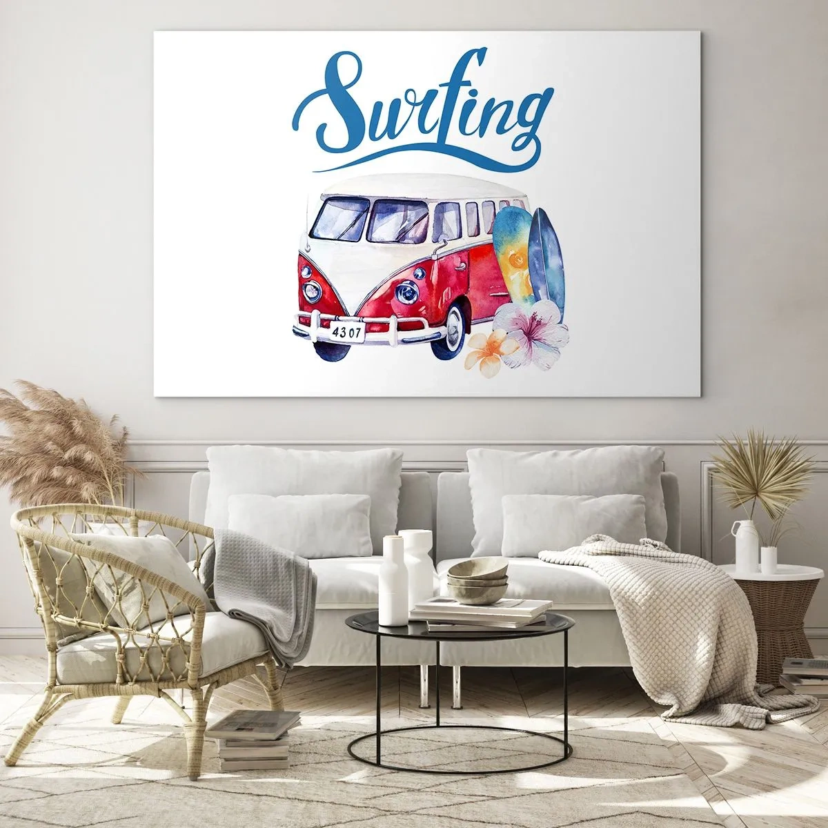 Glastavla - Bild på glas - Surftema med skåpbil och brädor - 70x50cm - Gurka - en klassiker för surfaren - Modern väggdekoration för vardagsrum och sovrum ARTTOR