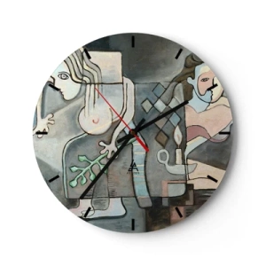 Väggklocka - Klocka på glas - En abstrakt komposition av två figurer med mosaikelement. - 30x30cm - Själens och materias mosaik - Modern väggdekoration för vardagsrum, kök och sovrum ARTTOR