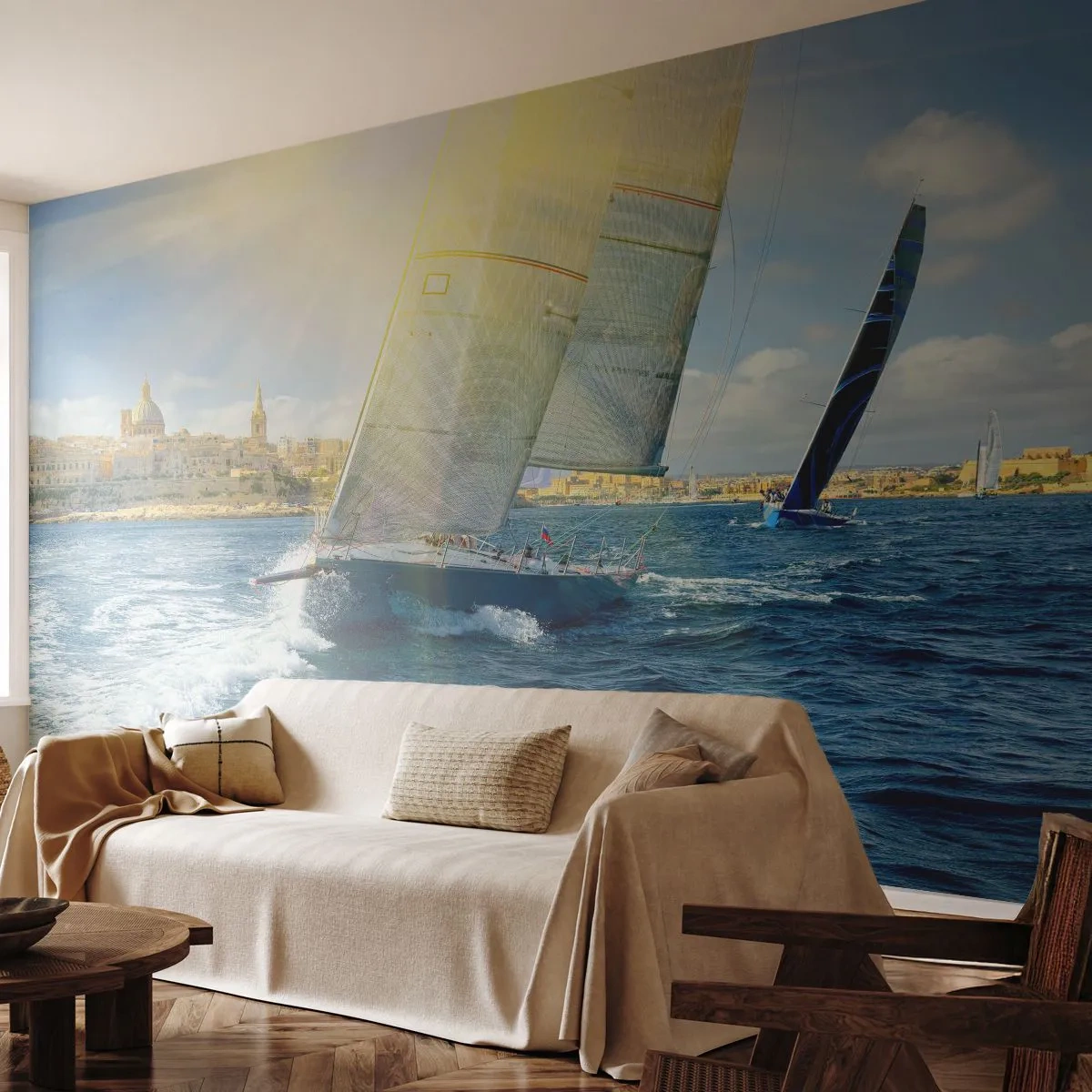Självhäftande Fototapet Deluxe Sticker - Dags att lämna staden - Stad, Hav, Yacht - 250x175 cm
