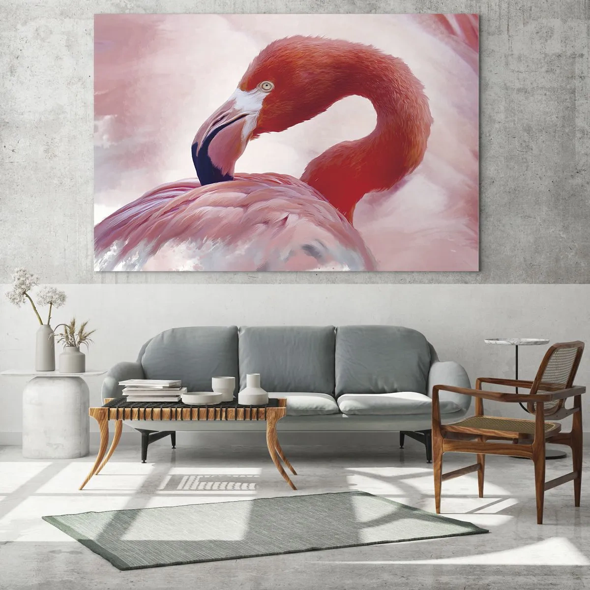 Glastavla - Bild på glas - En rosa flamingo vänder sig graciöst åt sidan - 70x50cm - Fågelns skönhet - Modern väggdekoration för vardagsrum och sovrum ARTTOR