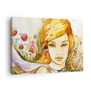 Canvastavla - Bild på duk - Porträtt av en kvinna i akvarellfärger med intensiv blick - 70x50cm - Smaragdblick som tystar ner ilska - Modern väggdekoration för vardagsrum och sovrum ARTTOR
