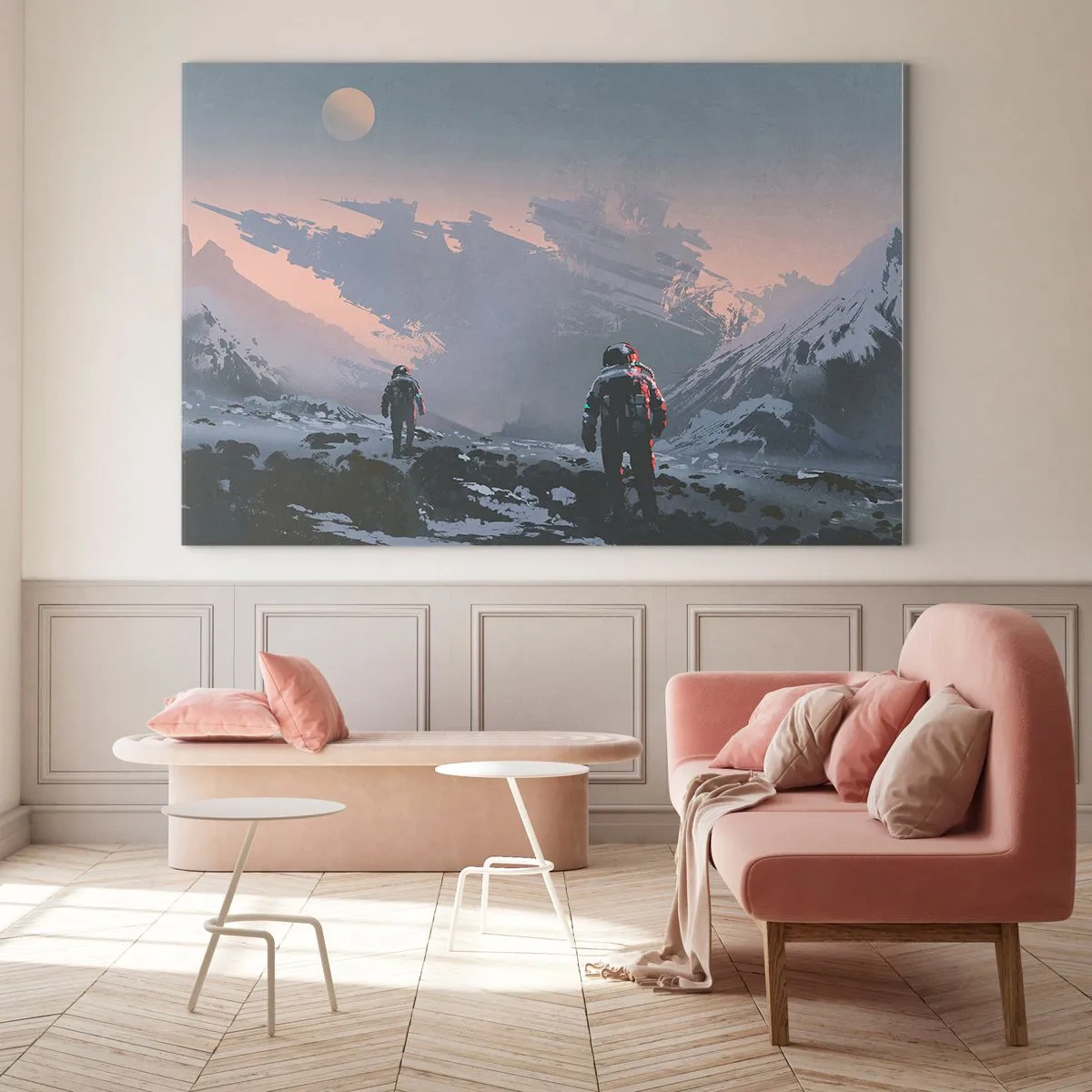 Glastavla - Bild på glas - Astronauter på en främmande planet med ett skeppsvrak i bakgrunden - 70x50cm - Under en okänd stjärna - Modern väggdekoration för vardagsrum och sovrum ARTTOR