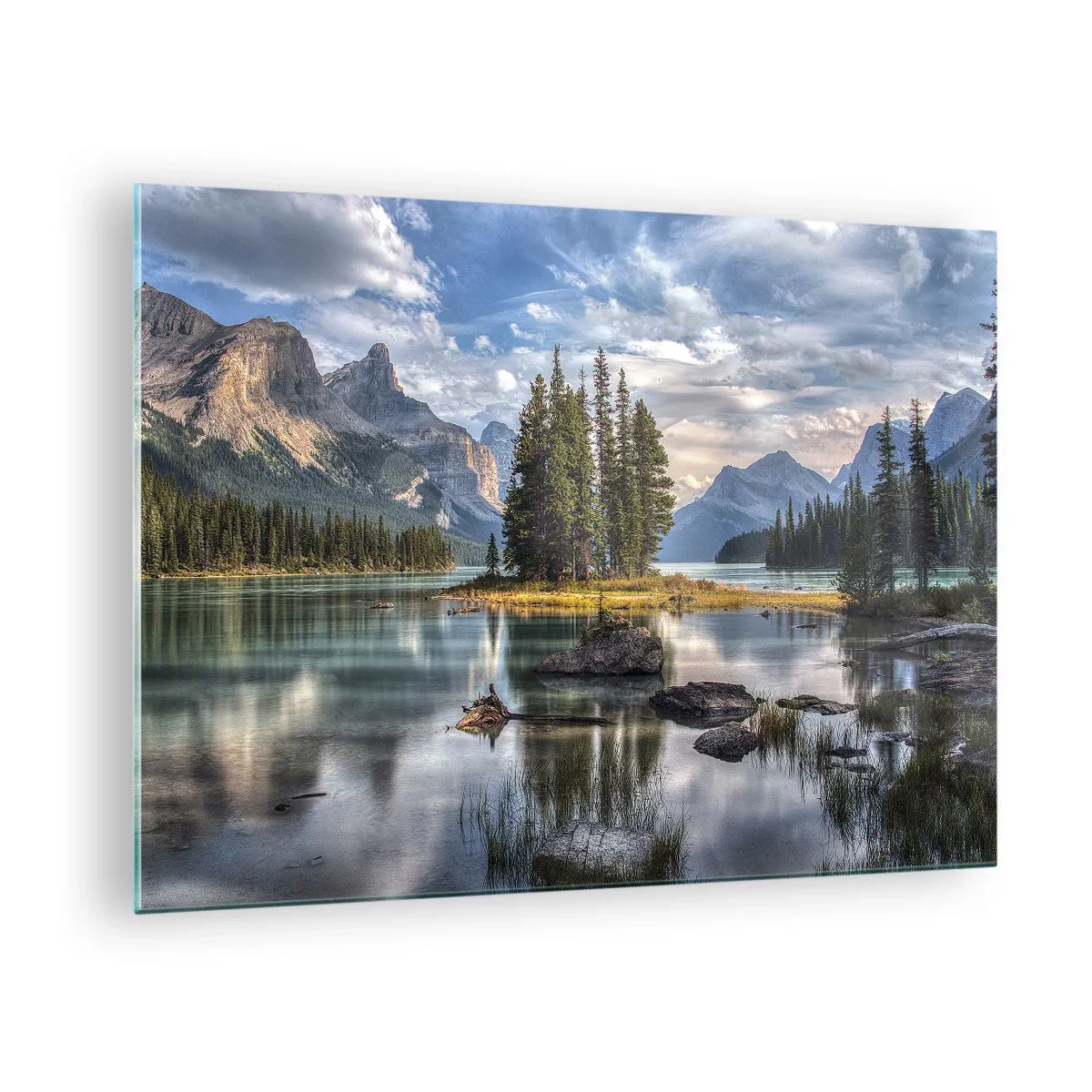 Glastavla - Bild på glas - En pittoresk sjö med en ö och berg i bakgrunden - 70x50cm - Vid stort och rent vatten - Modern väggdekoration för vardagsrum och sovrum ARTTOR