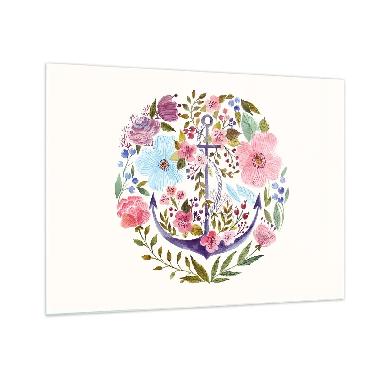 Glastavla - Bild på glas - Ett ankare omgivet av färgglada akvarellblommor - 70x50cm - En seglares goda sömn - Modern väggdekoration för vardagsrum och sovrum ARTTOR