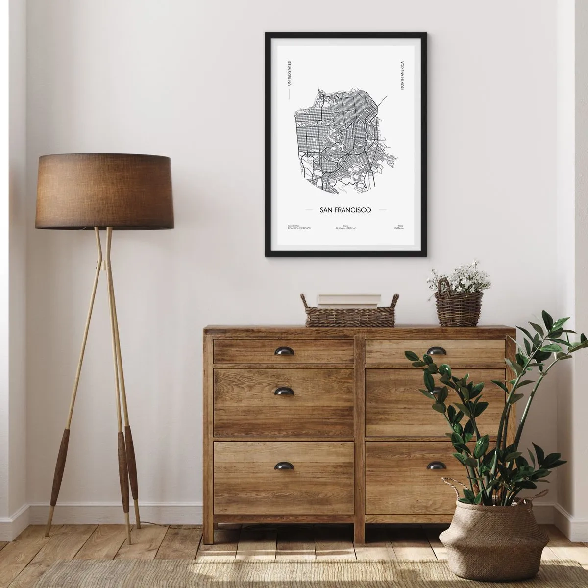 Affisch i svart ram - En minimalistisk karta över San Francisco i svartvitt. - 50x70cm - San Franciscos anatomi - Modern väggdekoration för vardagsrum och sovrum ARTTOR