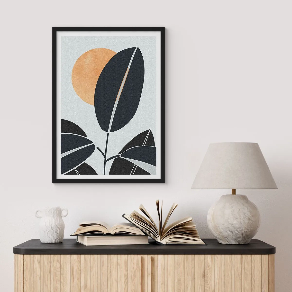 Affisch i svart ram - En minimalistisk komposition av löv mot solens bakgrund - 50x70cm - Het sommardag - Modern väggdekoration för vardagsrum och sovrum ARTTOR