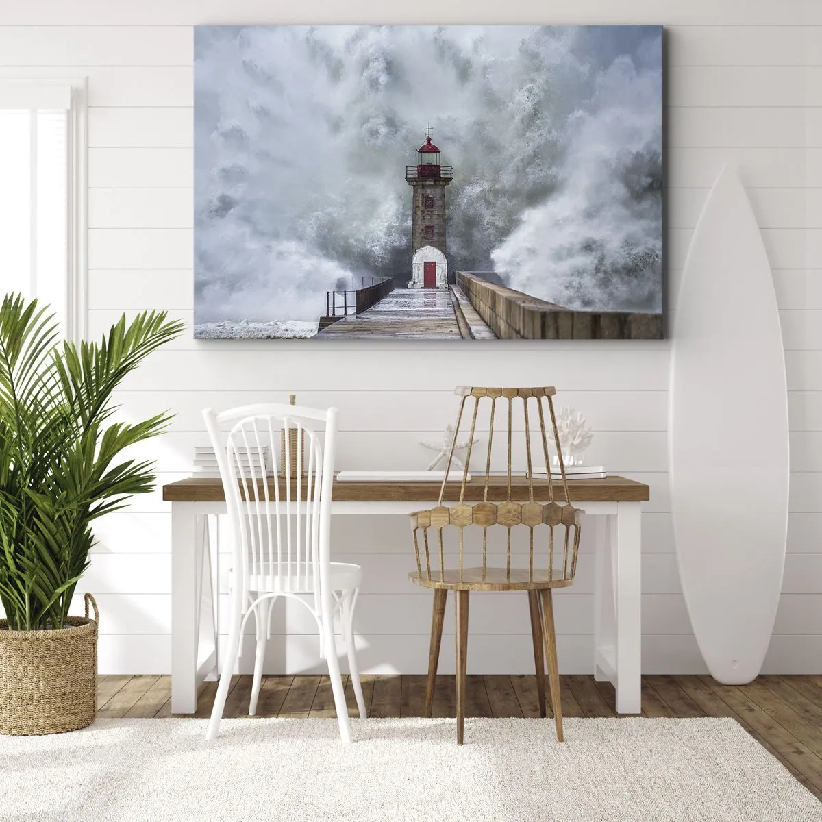 Canvastavla - Bild på duk - En fyr omgiven av grova vågor - 70x50cm - Vattnets vrål, vindens skrik  - Modern väggdekoration för vardagsrum och sovrum ARTTOR