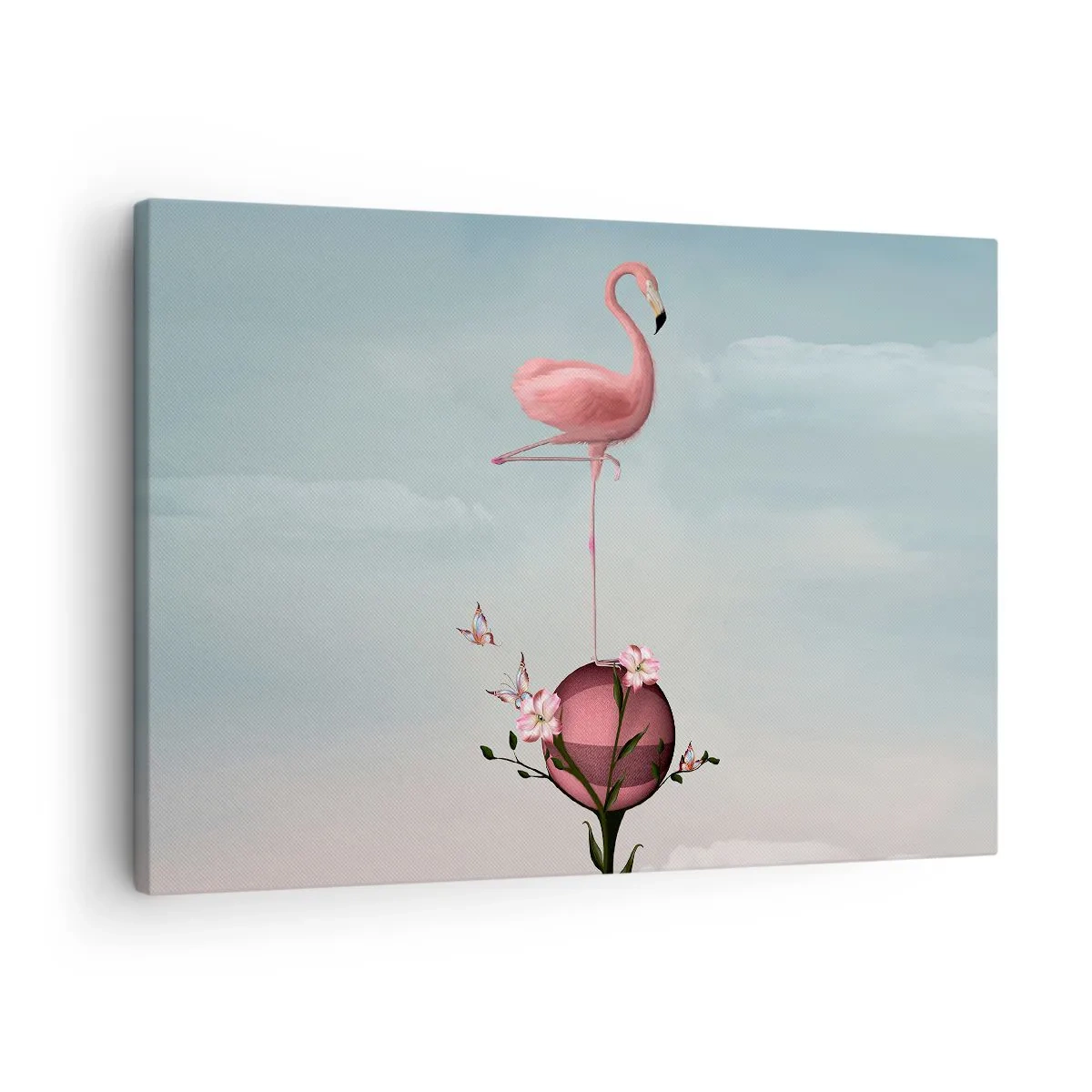 Canvastavla - Bild på duk - En rosa flamingo som balanserar på en blomboll - 70x50cm - Basketbollens allegori - Modern väggdekoration för vardagsrum och sovrum ARTTOR