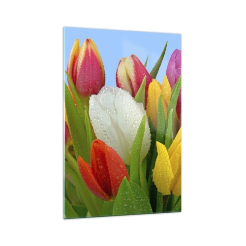 Glastavla - Bild på glas - blommig regnbåge i daggdroppar - 70x100 cm