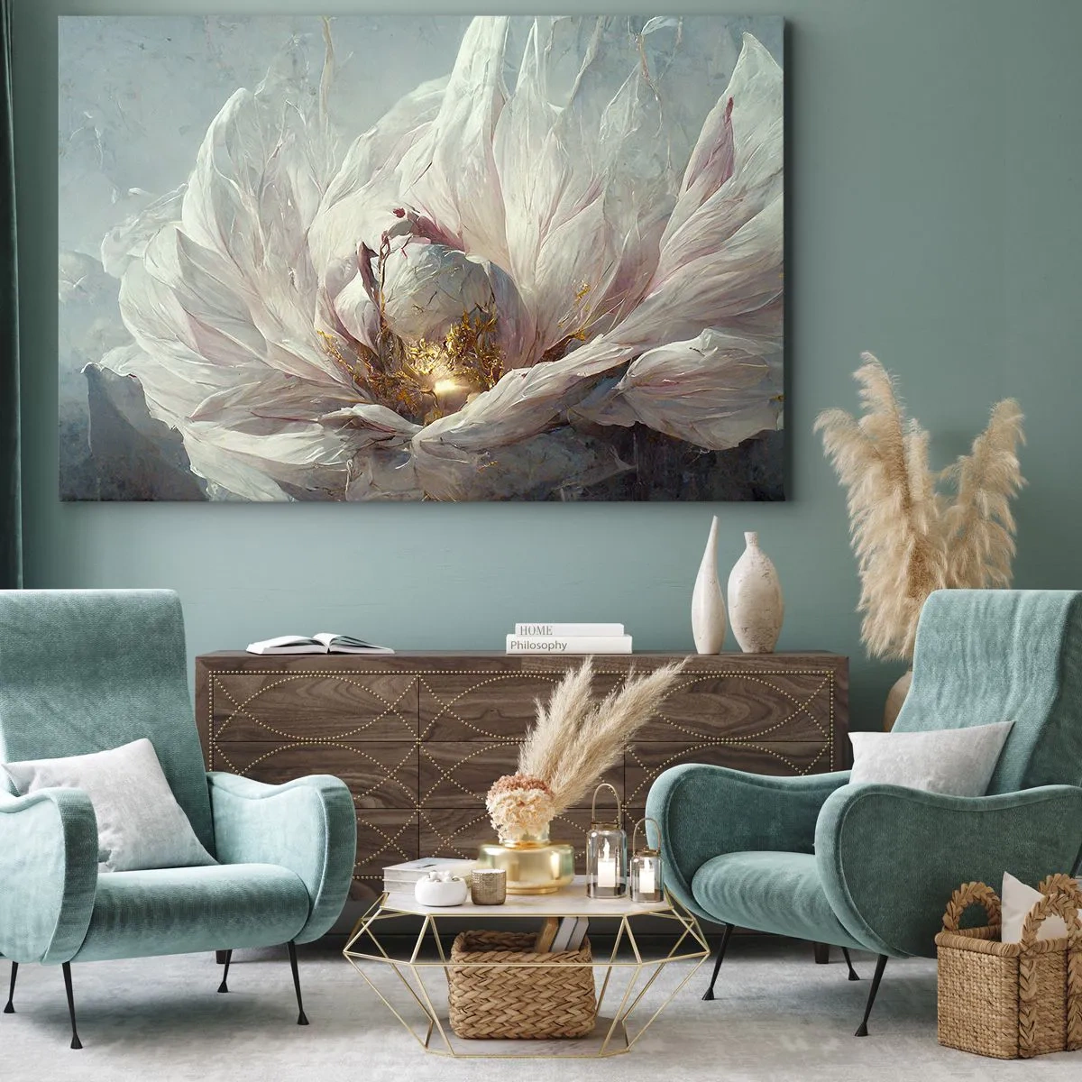 Canvastavla - Bild på duk - En delikat vit blomma med subtila guldfärgade accenter - 70x50cm - Blommar en gång på hundra år - Modern väggdekoration för vardagsrum och sovrum ARTTOR