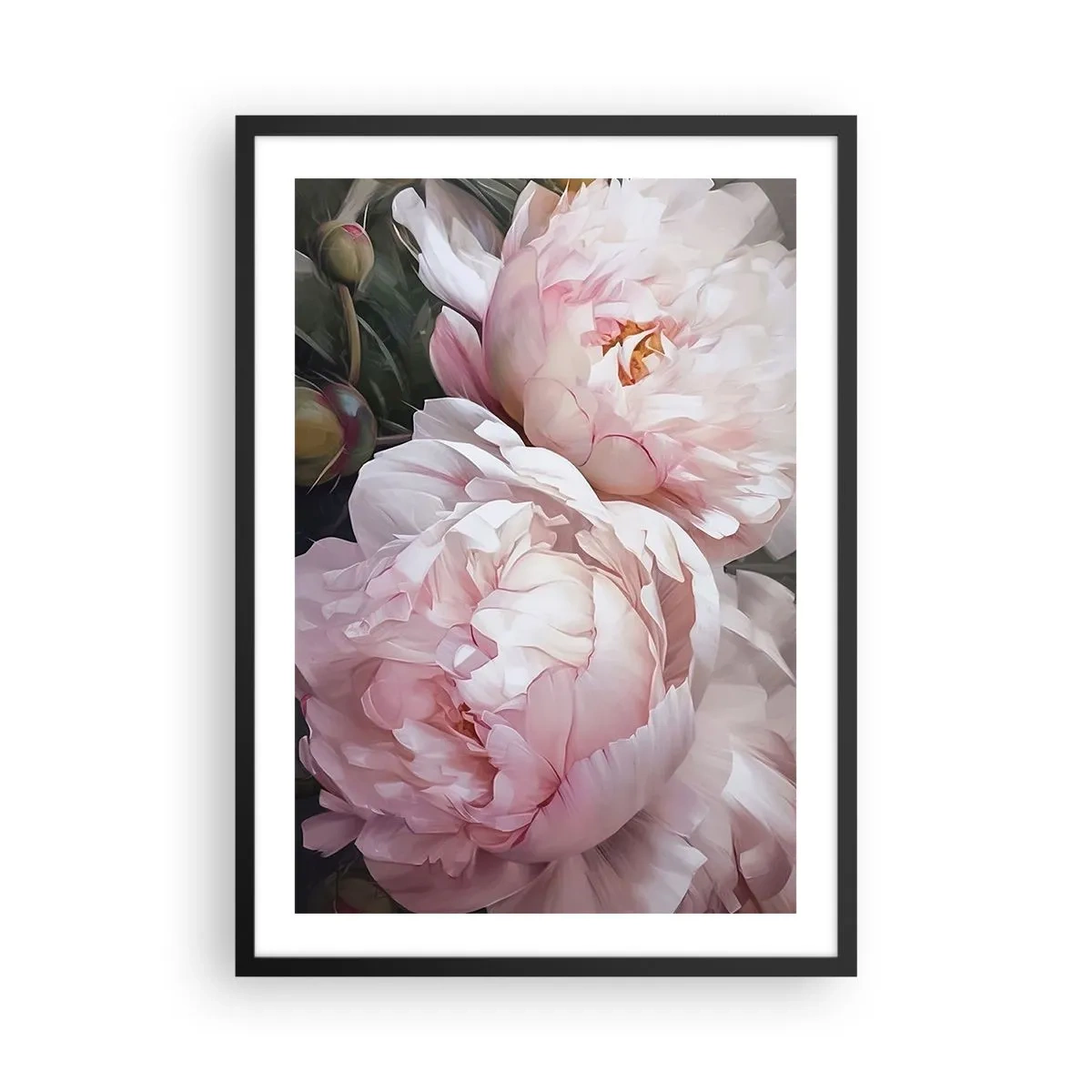 Affisch i svart ram - Fina pioner i pastellfärger av rosa och vitt - 50x70cm - Fast i blomning - Modern väggdekoration för vardagsrum och sovrum ARTTOR
