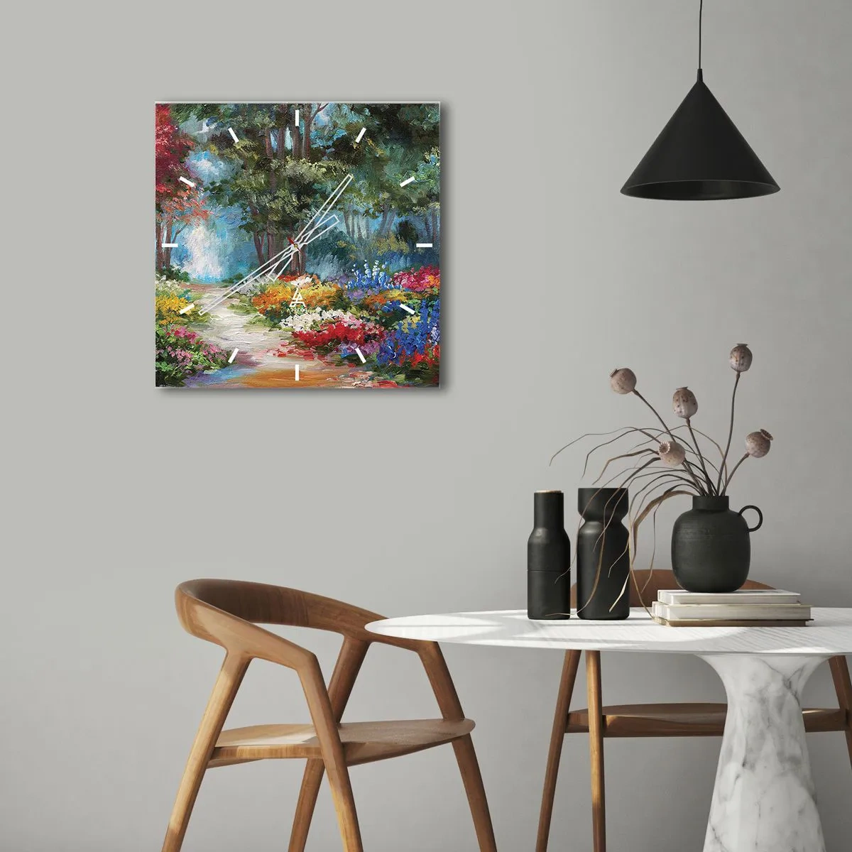 Väggklocka - Klocka på glas - Skogsträdgård, blomskog - 40x40 cm