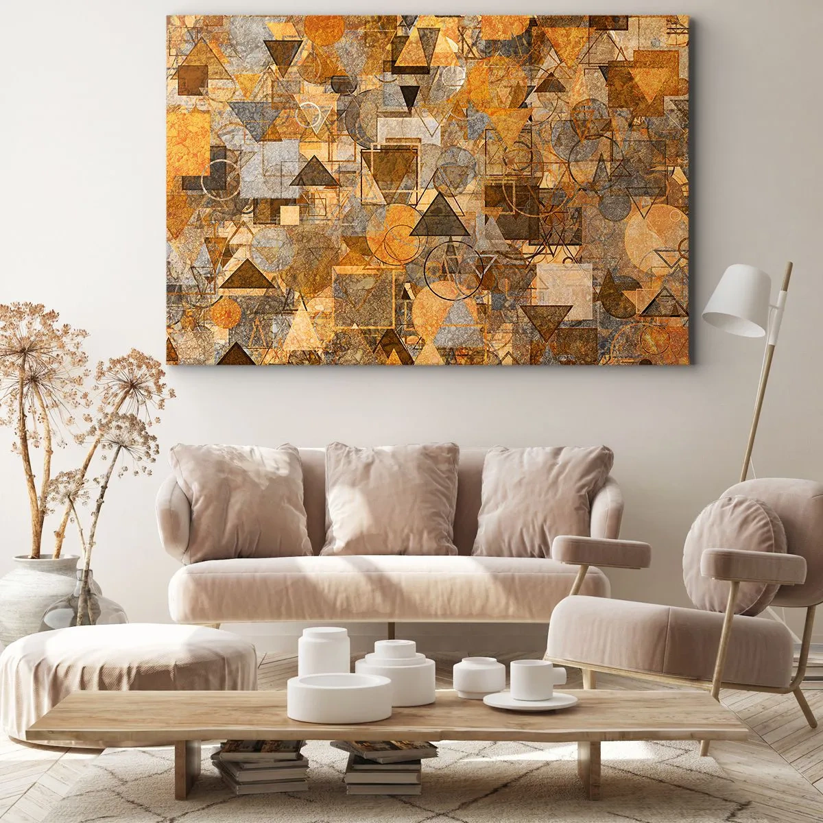 Canvastavla - Bild på duk - Abstrakta geometriska mönster i nyanser av guld - 70x50cm - Värld infattad i form - Modern väggdekoration för vardagsrum och sovrum ARTTOR