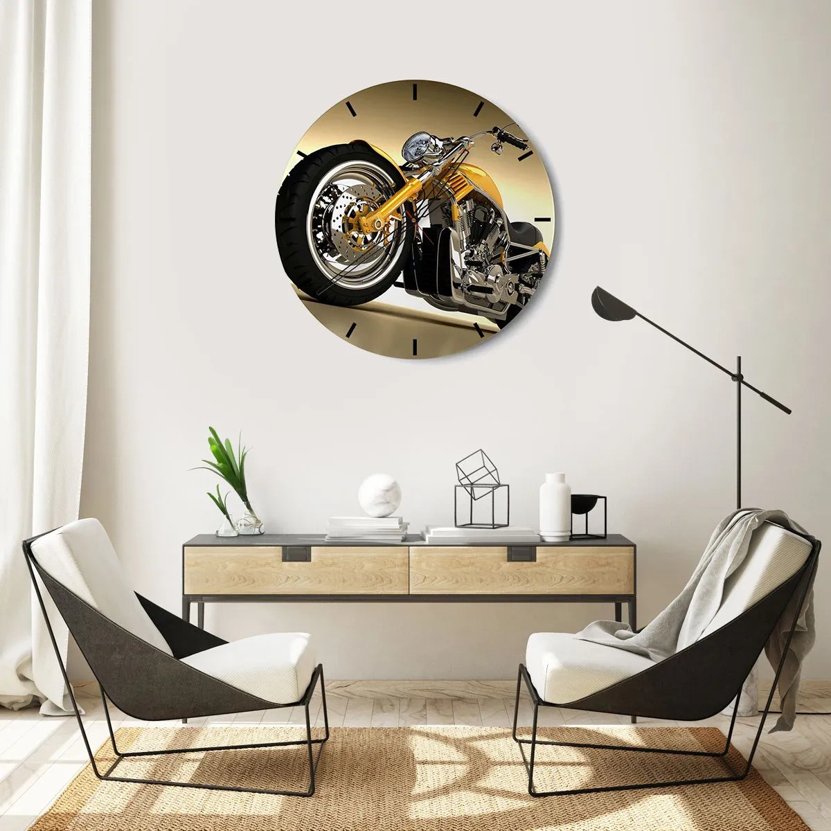 Väggklocka - Klocka på glas - En snygg motorcykel i nyanser av guld och krom - 30x30cm - En dröm om styrka och skönhet - Modern väggdekoration för vardagsrum, kök och sovrum ARTTOR