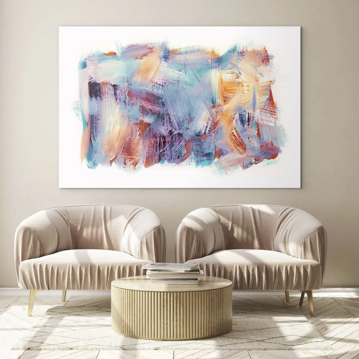 Glastavla - Bild på glas - Färgglada penseldrag i pastell abstraktion - 70x50cm - Färgglad röra - Modern väggdekoration för vardagsrum och sovrum ARTTOR