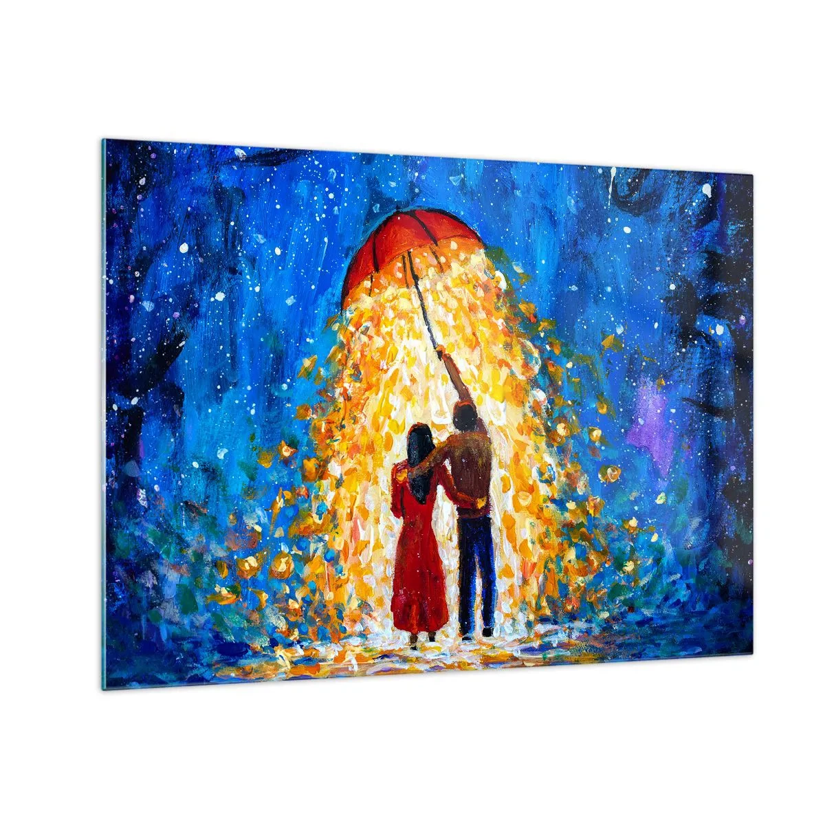 Glastavla - Bild på glas - Ett par under ett paraply omgivet av gyllene ljus mot natthimlen - 70x50cm - Magi på en regnig kväll? - Modern väggdekoration för vardagsrum och sovrum ARTTOR