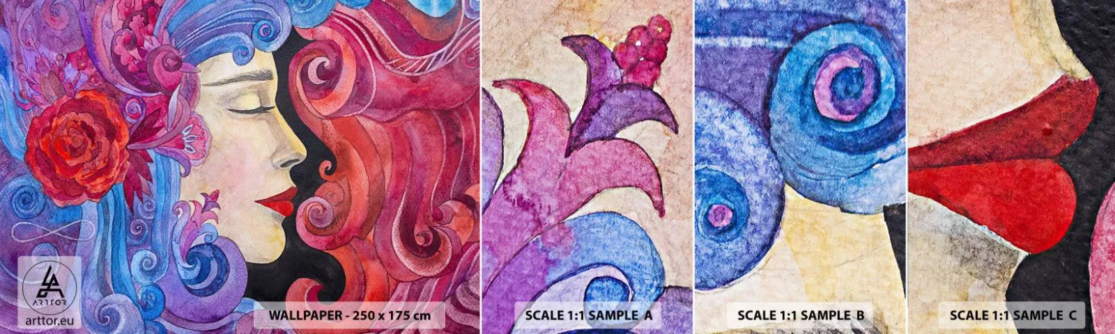 Provbit av självhäftande fototapet Deluxe Sticker - Jugendstilen lever - Kvinna, Blommor, Gudinna - 100x30 cm