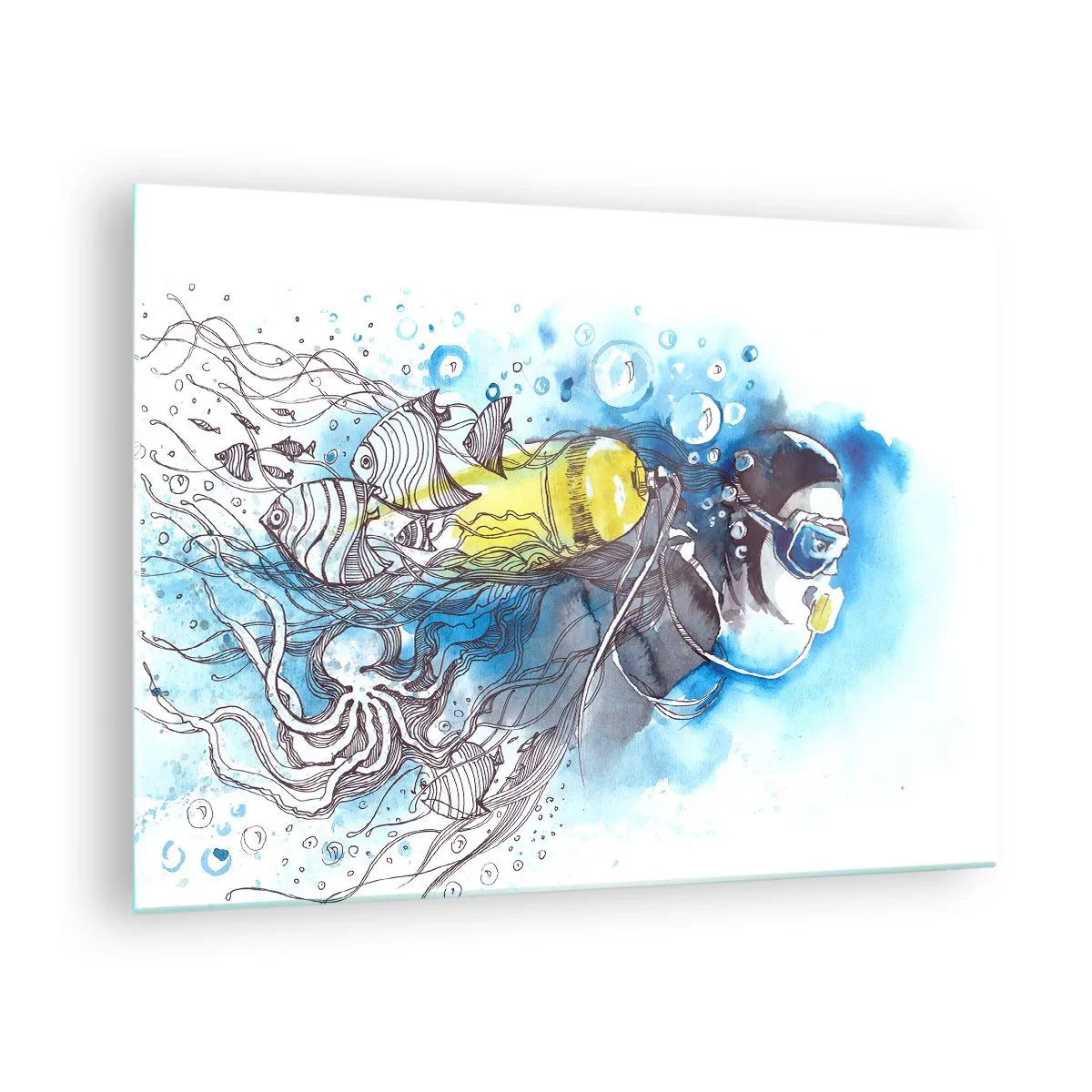 Glastavla - Bild på glas - Dykare under vattnet med fisk i konstnärlig akvarell - 70x50cm - Det stora blåa - Modern väggdekoration för vardagsrum och sovrum ARTTOR
