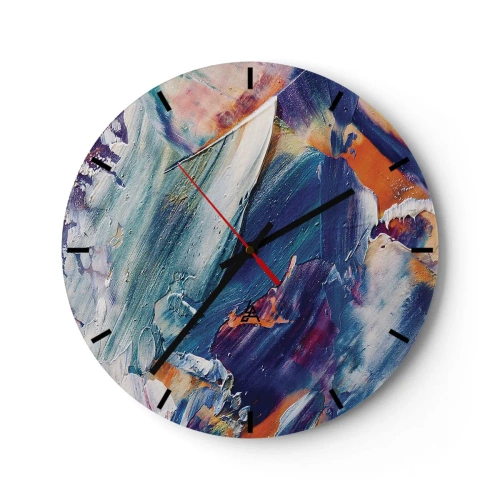 Väggklocka - Klocka på glas - Uttrycksfulla penseldrag i mättade färger - 30x30cm - Färgkaos - Modern väggdekoration för vardagsrum, kök och sovrum ARTTOR