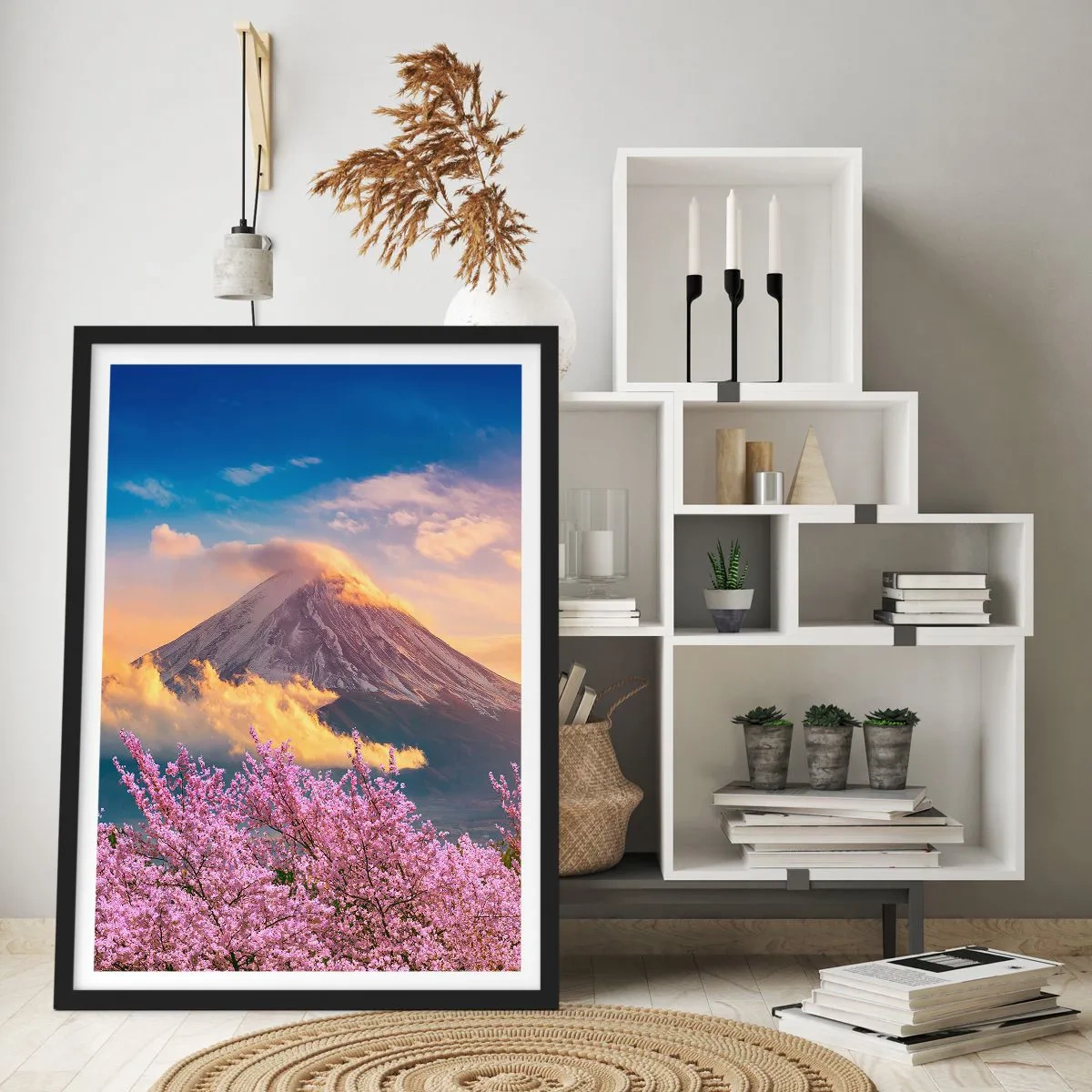 Affisch i svart ram - Mount Fuji omgivet av körsbärsblommor vid solnedgången - 50x70cm - Japansk helgedom - Modern väggdekoration för vardagsrum och sovrum ARTTOR
