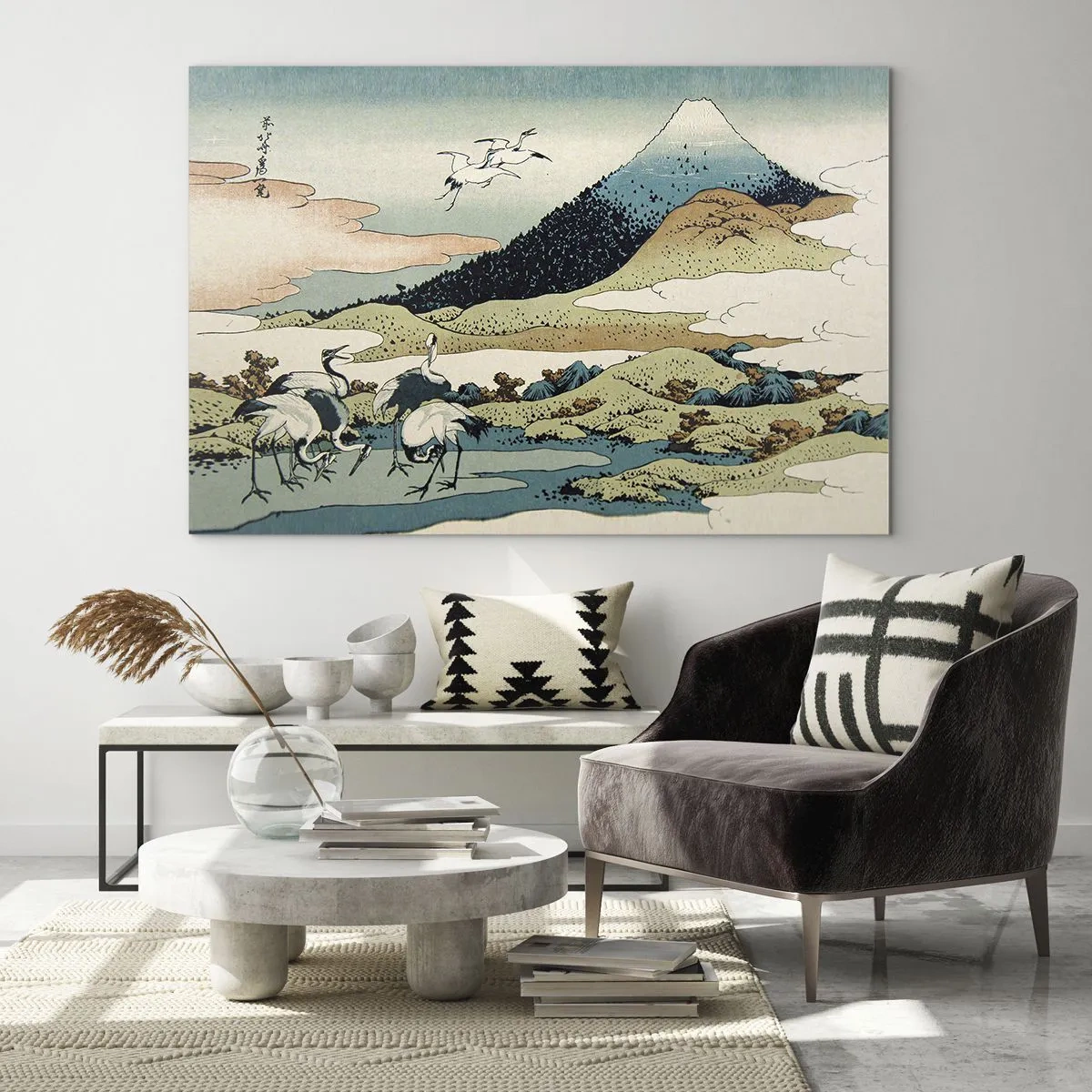 Glastavla - Bild på glas - En målning av fåglar i ett japanskt landskap med utsikt över berget Fuji. - 70x50cm - I japansk anda - Modern väggdekoration för vardagsrum och sovrum ARTTOR