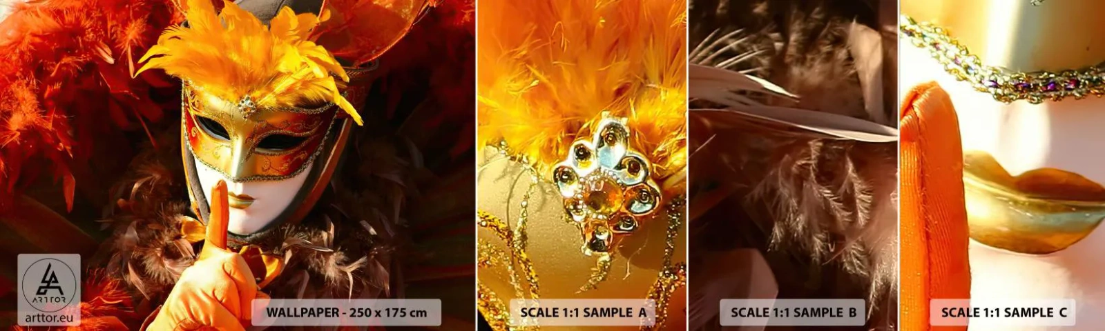 Provbit av självhäftande fototapet Deluxe Sticker - Hemligheten är en del av spelet - Venetiansk mask, Bit, Venedig - 100x30 cm