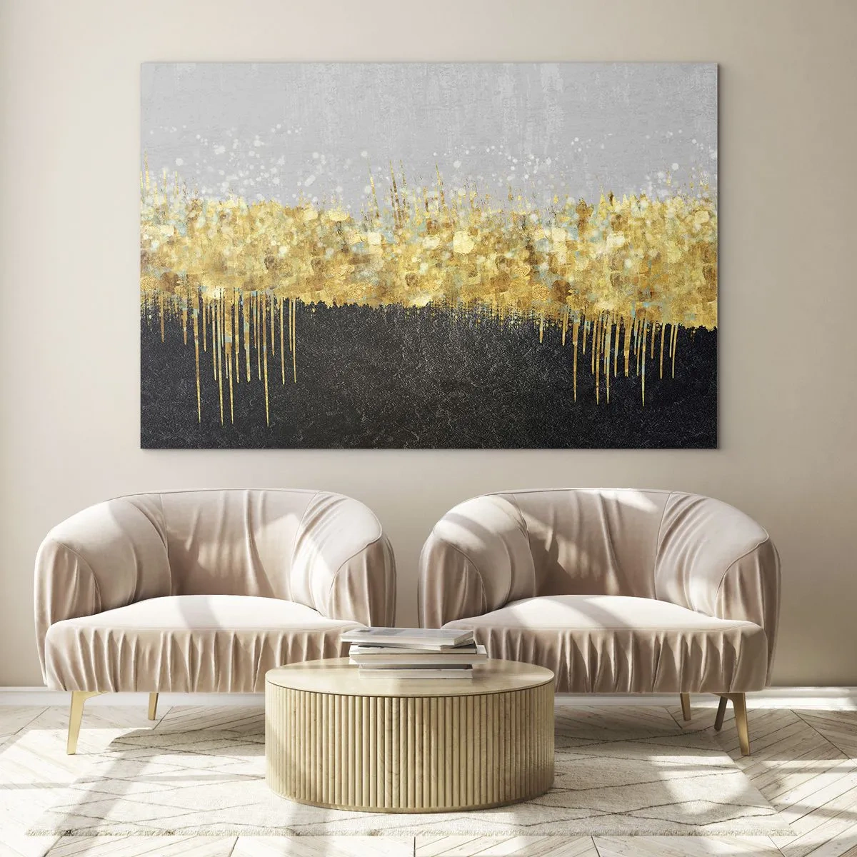 Glastavla - Bild på glas - Gyllene abstraktion med svart och grå kontrast - 70x50cm - Inåt och uppåt - Modern väggdekoration för vardagsrum och sovrum ARTTOR