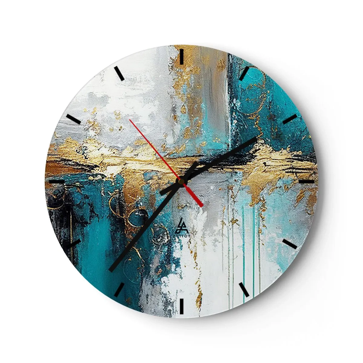 Väggklocka - Klocka på glas - Abstrakta penseldrag i turkos, vitt och guld - 30x30cm - Allting flödar - Modern väggdekoration för vardagsrum, kök och sovrum ARTTOR