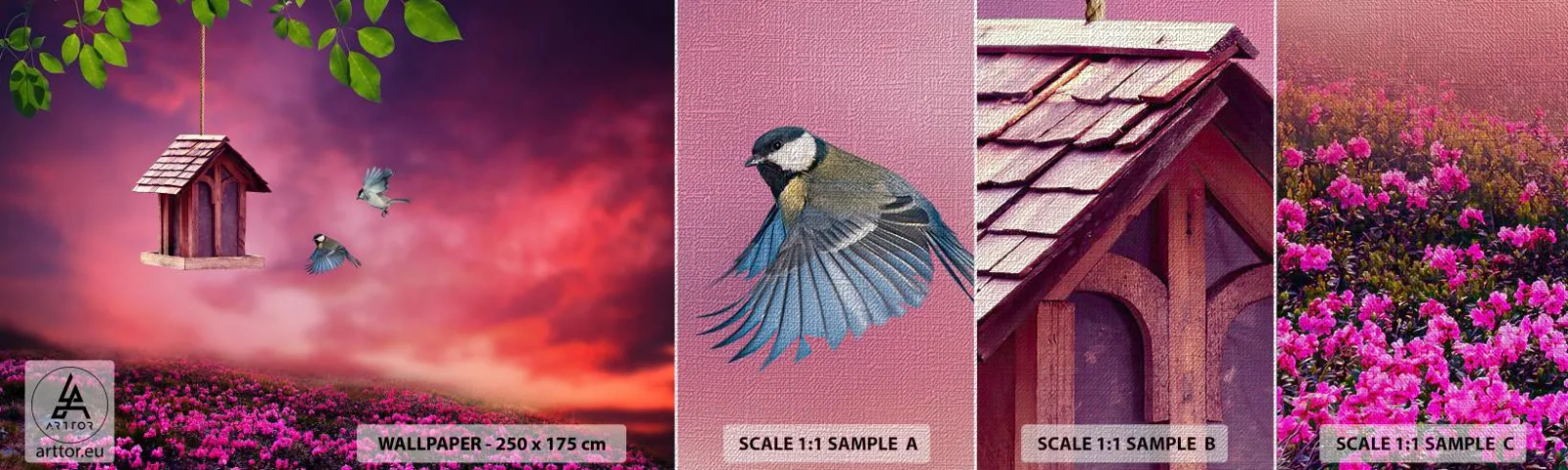 Provbit av fototapet Premium Canvas - Inbjudan till middag - Landskap, Blommor, Fågelholk - 100x30 cm