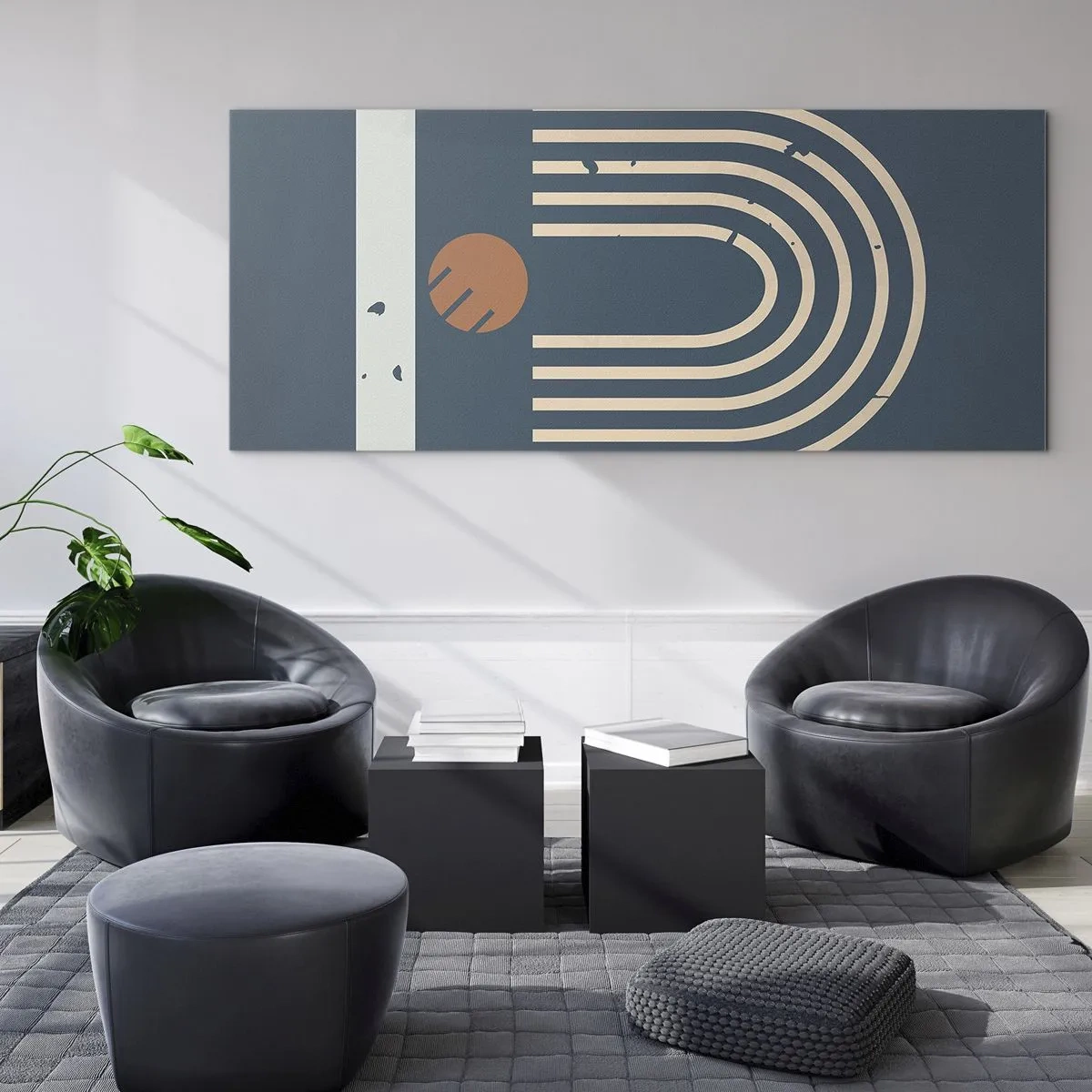 Glastavla - Bild på glas - Geometri mot mörkblå bakgrund - 100x40 cm