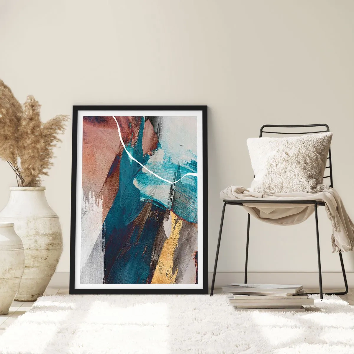 Affisch i svart ram - Uttrycksfull abstraktion i nyanser av blått och guld - 50x70cm - Med styrka och energi - Modern väggdekoration för vardagsrum och sovrum ARTTOR