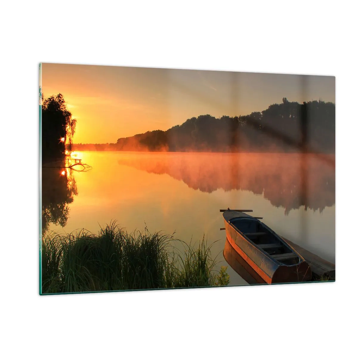 Glastavla - Bild på glas - Soluppgång vid spegelklart vatten - 120x80 cm